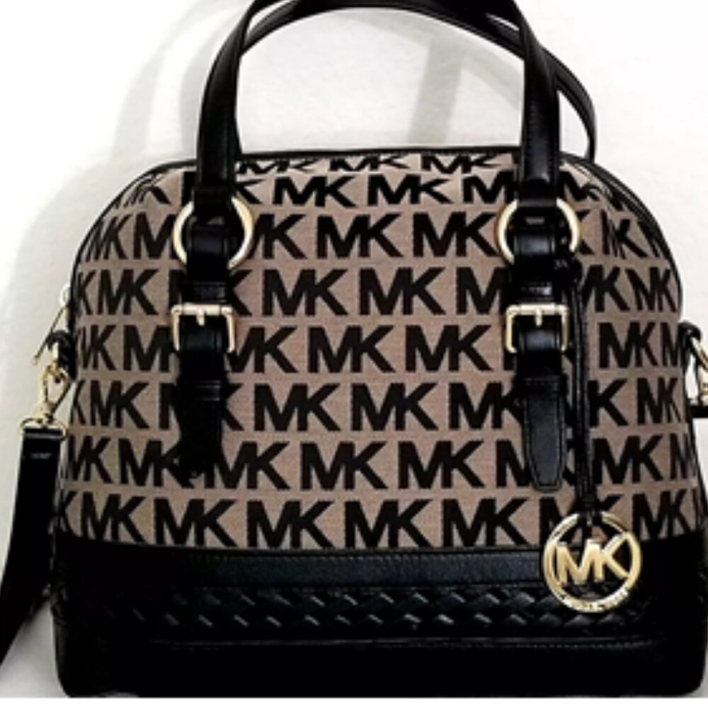 MICHAEL KORS GLADSTONE MK LOGO BEIGE BLACK GOLD LARGE TOP ZIP SATCHEL BAG NWT